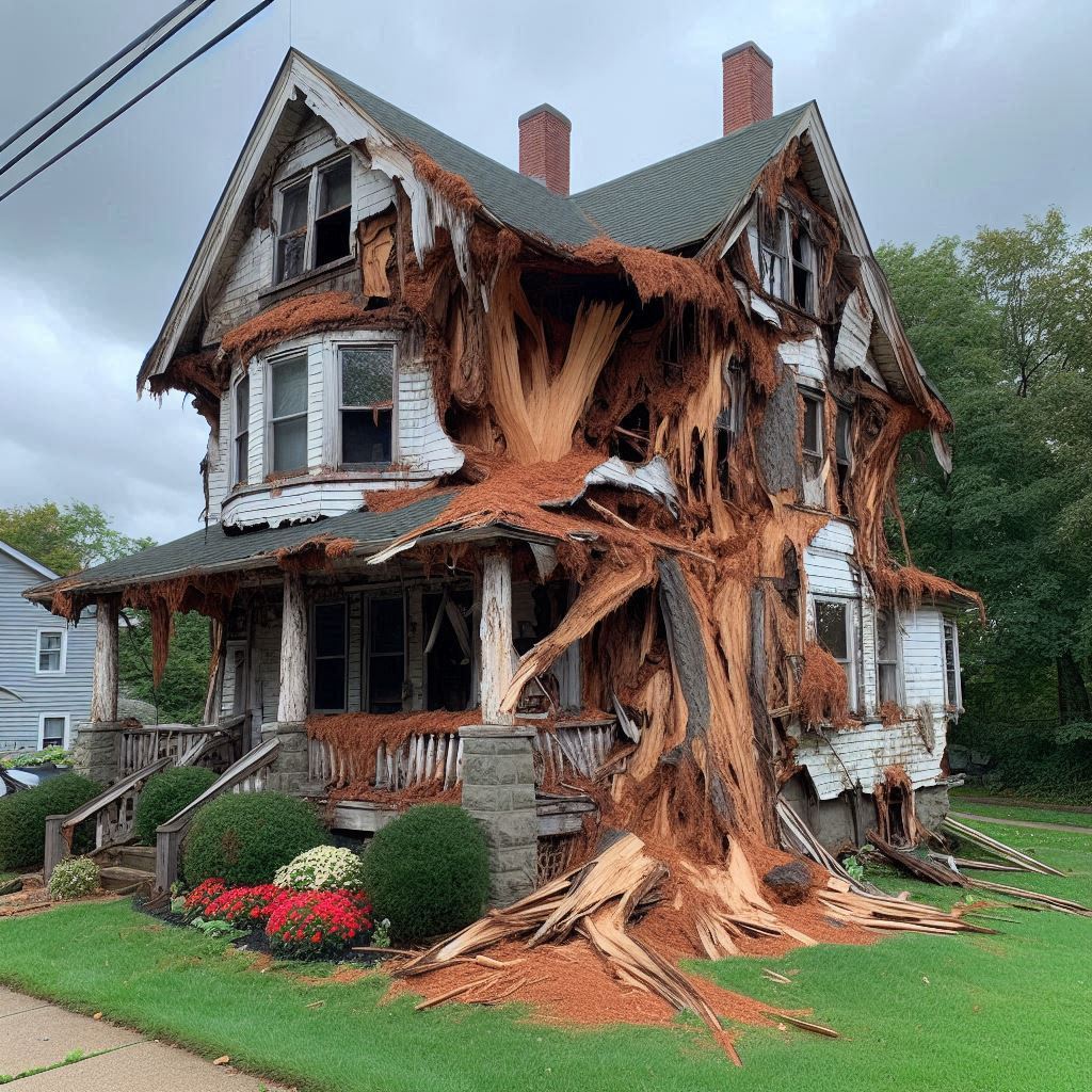 Damaged tree on an Elgin home showing signs of disease and decay